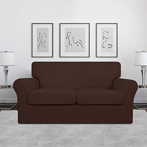 Image of Easy-Going 3 Pieces Stretch Soft Couch Cover for Dogs - Washable Sofa Slipcover for 2 Separate Cushion Couch - Elastic Furniture Protector for Pets, Kids (Loveseat, Coffee, Medium) | Sofa Slipcover for Stretch 2 Separate Sectional Cushion Couch - Elastic Furniture Protector for Pets, Kids Coffee
