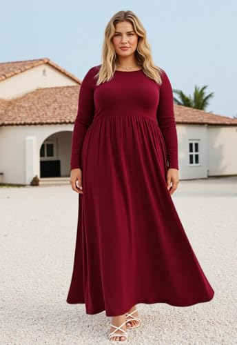 Image of Nemidor Plus Size Maxi Dress for Curvy Women Fall Casual Loose Long Sleeve Dresses with Pocket 14-26