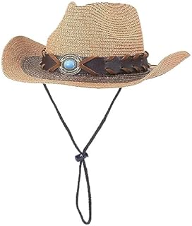Unisex Cowboy Straw Hat Vintage Cowgirl Hat Classic Western Style Wide Brim Fedora Bucket Visor Cap Summer Beach Outdoor Sun Hat with Decorative Hatband