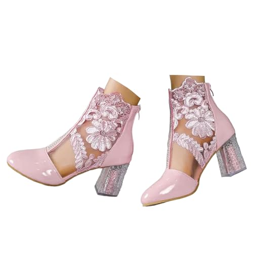 Xbemkste Bottines pour femme - Tige courte - Élégantes - Dentelle - Fleurs - Talons hauts - Maille - Strass - Soirée - Chaussures de mariée - Chaussures de...