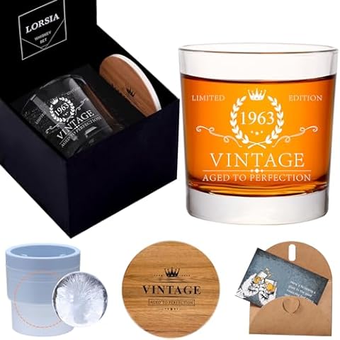 61th Birthday Gifts for Men, Whiskey Glass Set in Gift Box, 61th Birthday Decorations for Him, Dad, Husband, Friends, 61 Year Anniversary, Bday Gifts Ideas - Ice Ball Mold & Coaster & Gift Card Cover