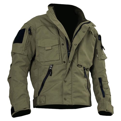 Image of Tiwate Men's Outdoor Cargo Tactical Jackets Multi-Pockets Stand Collar Military Jackets Lightweight Cotton Windbreaker (Army green,XL)