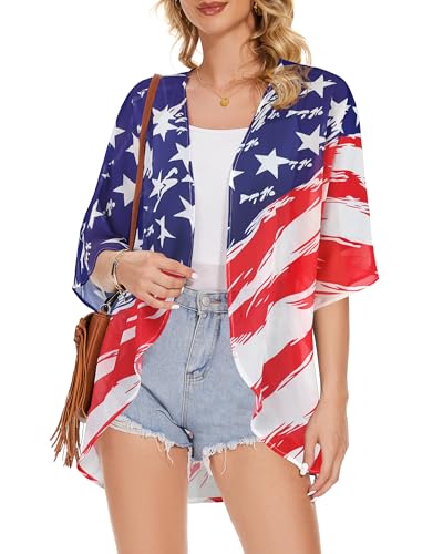 Image of Women's Floral Print Puff Sleeve Kimono Cardigan Loose Cover Up Casual Blouse Tops 2026