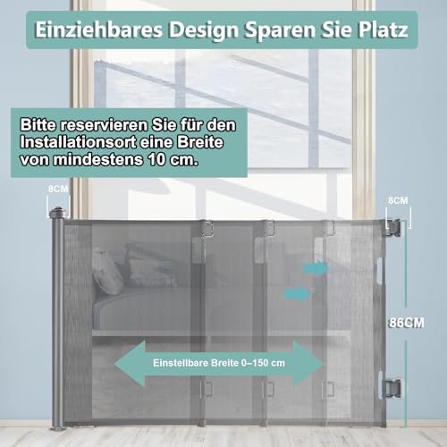 Einziehbares Hundegitter ohne Bohren, Kein Bohrer Ausziehbare Babygitter für Treppen Erweiterbar auf bis zu 150 cm breites Hundegitter für Türen, Flure, drinnen und draußen