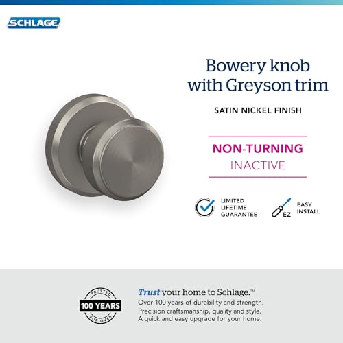 Image of Schlage F170 BWE 619 GSN Bowery Door Knob with Greyson Trim, One Sided Non-Turning Dummy Door Handle, Satin Nickel