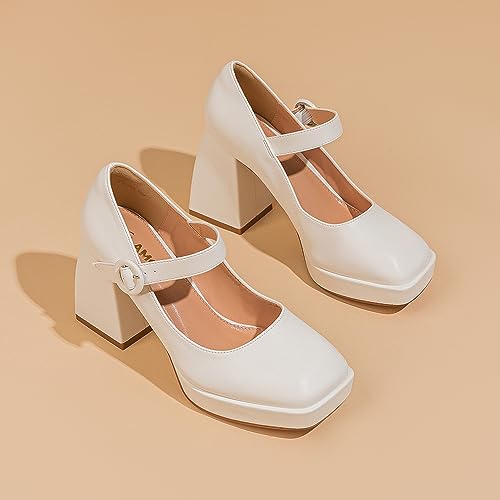 Amoji Women's 4 Inch Platform Mary Janes Shoes High Chunky Heels Bridal Dress Wedding Party Pump Shoes 3063