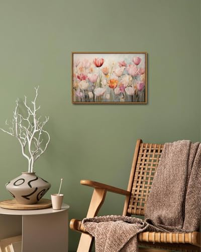 Image of KISSFOX Vintage Framed Wall Art Decor Rustic Blush Tulips Flowers Pictures Wall Decor Colorful Botanical Canvas Art Prints Farmhouse Still Life Paintings Artwork For Bedroom Kitchen Living Room