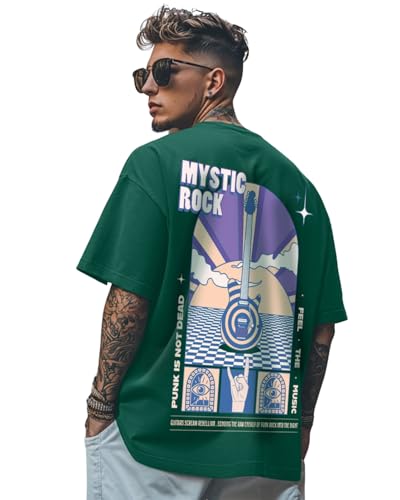 Image of Veirdo Pure Cotton Oversized Baggy Fit Drop Shoulder Stylish and Graphic Printed Round Neck Half Sleeves T-Shirt for Men (Available Color Options: Black, Green, Royal Blue, Lilac & Sky Blue)