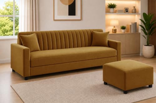 Image of 3 Seater Sofa with Ottoman | Modern Upholstered Couch | Vertical Channel Tufted Backrest | Comfortable Cushioned Seating | Contemporary Sofa Set for Living Room & Office - Golden Color