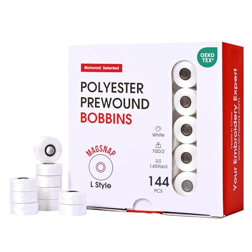 Poolin Magsnap Prewound Bobbins Style L (SA155) 144pcs White 60WT Richword Selected Polyester Bobbin Thread for Commercial Multi-Needle Embroidery Machines