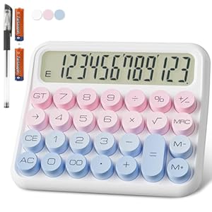 Mechanical Calculator 12 Digit Extra Large 5-Inch LCD Display, DECKLIT Battery Desk Calculator, Big Buttons Easy to Press Office Calculators Desktop, 15°Tilt Screen for Kids Calculator(Blue&Pink)