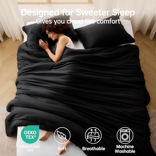 Image of MUXHOMO Oversized King Comforter Set, Lightweight Down Alternative Bed Set | All Season 3 Piece Bedding Set,Ultra Soft Down Alternative,Includes 1 Comforter 120x98 and 2 Pillow Shams 20x36,Black