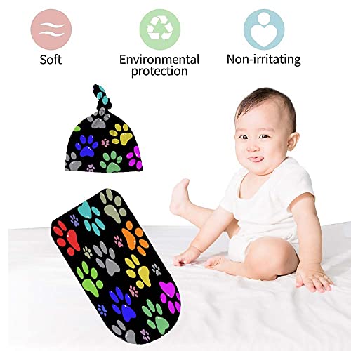 Image of Rainbow Dog Paw Newborn Swaddle Blankets Beanie Hat Sets,Newborn Receiving Blanket for Boy Girl,Swaddle Sack Shower Infant Gift, One Size