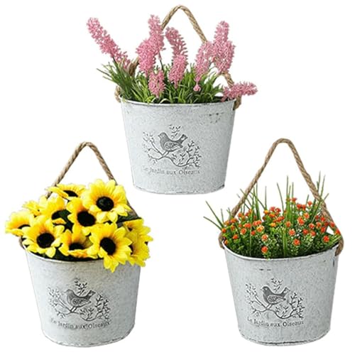 BSTMOME 3 Packs Hanging Metal Flower Bucket Vintage Creative Half-round Design Iron Flower Holder Succulent Plant Container Rustic Retro Flower Pot With Rope Handle for Garden Home Decor (White)