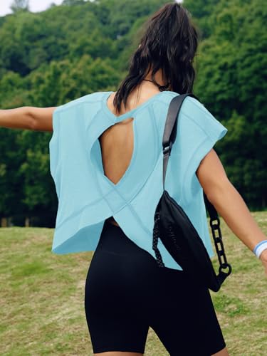 Image of SENSERISE Womens Open Back Workout Tops Backless Short Sleeve Athletic Shirt Running Crop Top Gym Yoga Tee