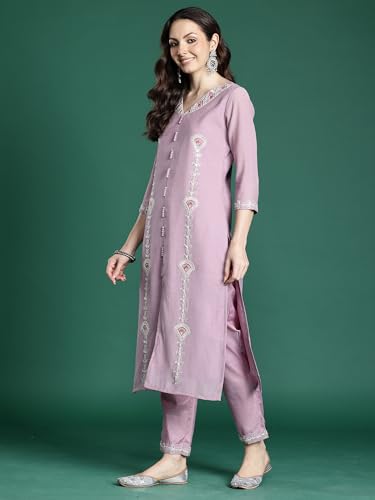 Image of INDO ERA Women's Straight Silk Blend Floral Printed Embroidered Kurta & Pant with Dupatta Set (KH9LV11382)