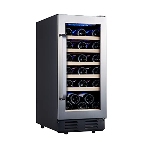 Mini Fridge, Kalamera 15" Wine Cooler Refrigerator, 30 Bottle Built-in/Freestanding Wine Fridge, Seamless Stainless Steel & Double-Layer Tempered Glass Door, Temperature Memory Function for Wine