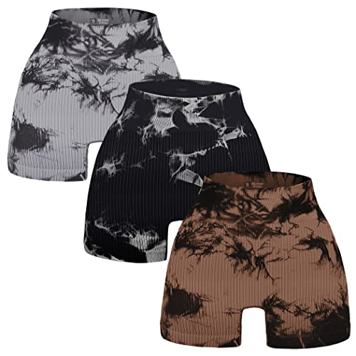 YWBIN 3 Piece Tie Dye Ribbed Workout Shorts for...
