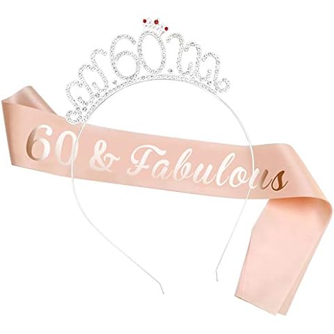 HOWAF 60th Birthday Sash Party Decoration 60 and Fabulous Birthday Satin Sash and Tiara, 60 Birthday Rhinestone Crown Headband Birthday Gift 60th Birthday Accessories for Women Cover