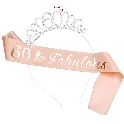 HOWAF 60th Birthday Sash & Tiara Set, Rose Gold '60 and Fabulous' Satin Sash, Rhinestone Tiara Headband, Women's 60th Birthday Party Accessories
