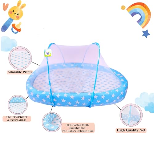 Image of Toddylon Flat Bed Baby Bed Bedding Set for New Born Baby | Bed Mattress | Mosquito Net | Cotton | Travel Bed | Essentials | Toddlers | Infants | Baby Boy Girl (0-12 Months) Blue