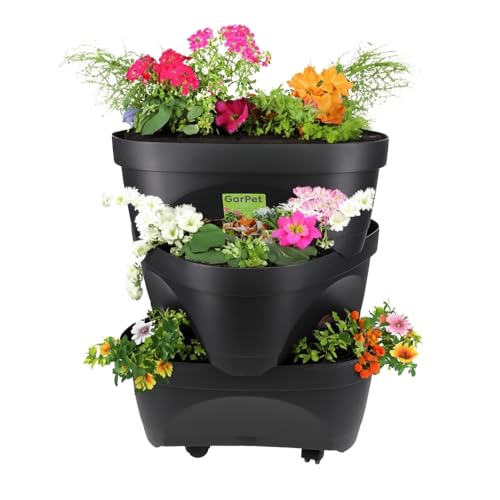 GarPet Erdbeertopf Pflanzturm Blumentopf Hoch Pflanzsäule Kräutertopf Balkon Pflanzkübel Anthrazit Kräuterturm Pflanztopf Outdoor Säulentopf Set 3 Ebenen Roller
