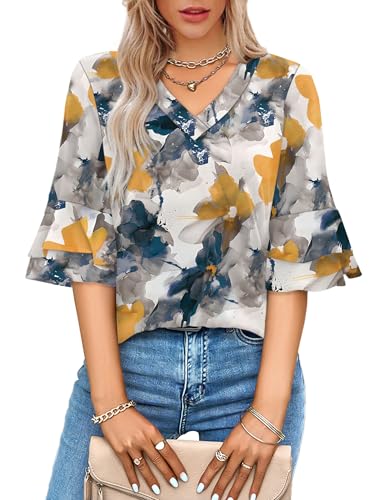 Image of OFEEFAN Spring Tops for Women Boho Shirts Fashion Clothing Cute 3 /4 Length Sleeve Blouses Dressy Casual Summer Outfits