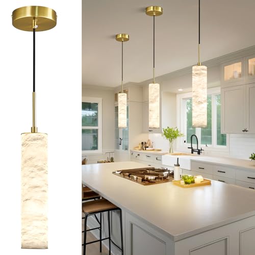 Image of LMQNINE Natural Alabaster Pendant Lights for Kitchen Island White Marble Long Tube Chandelier 4000K Modern Gold Ceiling Light Fixtures for Bedroom Dining Room Table Living Room Hallway(S-3Pack)