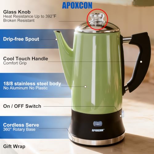 Image of APOXCON Electric Coffee Percolator Stainless Steel Coffee Maker with Glass Knob & Keep Warm Elegant Coffee Pot with On /OFF Switch - No Aluminum No Plastic Contact with Beverage Green (12 Cup)
