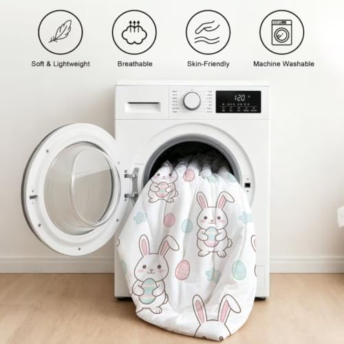 Image of Cute Easter Bunny Comforter Set Twin Size White Rabbit Bedding Set | Cute Cartoon Rabbit Holding Eggs Bedding Set for Kids Boys Girls, Soft Microfiber Bed Set with Pillowcase for Room Decor