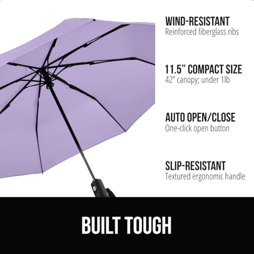 Image of GORILLA GRIP Compact Travel Size Umbrella for Rain, Sleek Design Fits Backpack, Purse and Carry On, Lightweight Under 1lb, One Click Open and Close, Wind Resistant, Durable Waterproof, Purple