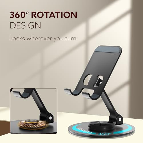 Image of AGARO Revolving Mobile Stand - 360 Rotating & Adjustable Phone Holder with Adjustable Height & Angle, Foldable, Sturdy Metal Body, Anti-Slip Base, Universal Stand for Smartphones & Tablets