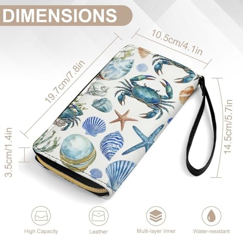 Women's Cute Decor Long PU Zipper Wallet, Travel Purse Fashion Design, Huge Storage Capacity Purse With Rope Under Sea Ocean Starfish Shell Coral Crab Watercolor2