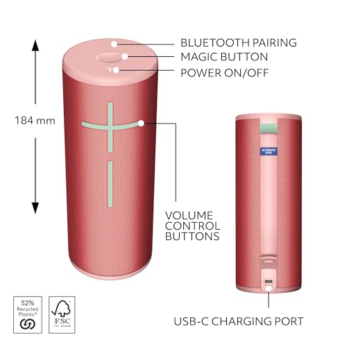 Image of Ultimate Ears Boom 4 Portable Waterproof Bluetooth Speaker with 360-Degree, Bold, Immersive, Crystal-Clear Sound, Floating Speaker with 15-Hour Battery and 147ft (45m) Range - Raspberry