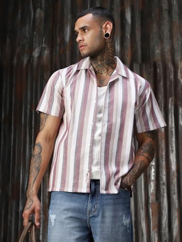 Image of High Star Men Strip Cotton Relaxed Fit Collar Short Sleeve Shirts 36