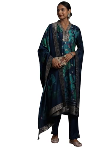 Image of Libas Printed Silk Blend Straight Kurta With Trouser and Dupatta
