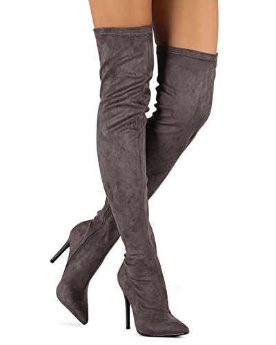 Liliana DB54 Women Suede Pointy Toe Thigh High Single Sole Stiletto Boot Grey 8