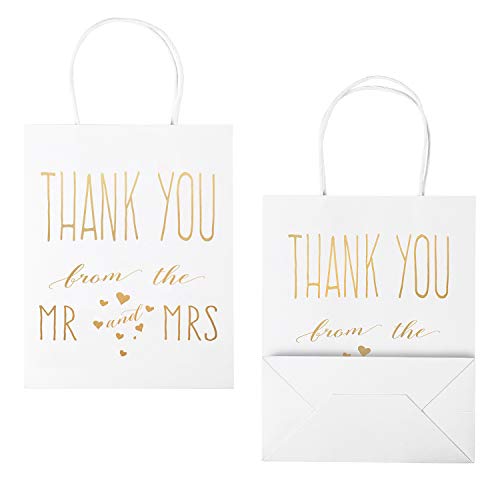 Laribbons Medium Size Gift Bags - Gold Foil Mr. And Mrs. Thank You White Paper Bags With Handles For Wedding, Bridal Shower, Birthday, Baby Shower, Party Favors - 25 Pack - 8" X 4" X 10" #TOP3
