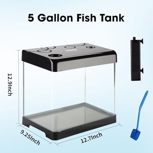 Image of Betta Fish Tank Starter Kits, 5 Gallon Fish Tank with Heater Filter and Light, Self-Cleaning Small Fish Tank(Black).