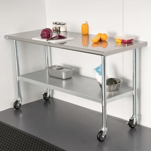 Image of HARDURA Stainless Steel Table with Wheels 24 x 72 Inches Casters NSF Heavy Duty Commercial Work & Prep Table with Undershelf and Galvanized Legs for Restaurant Kitchen Bar and Hotel Garage