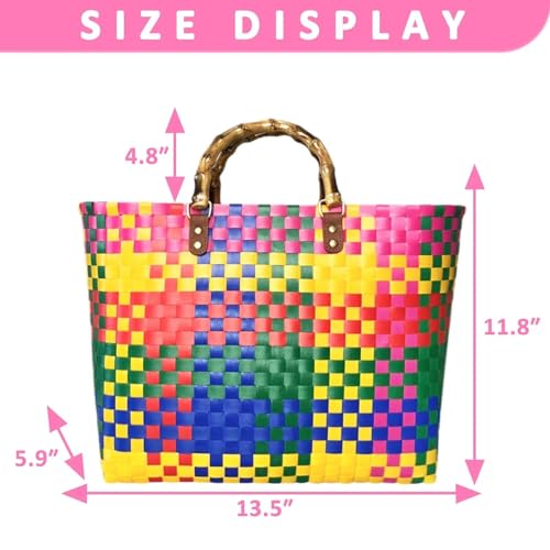 Bolso Tote grande para playa estilo boho con asas de bambú miniatura 4