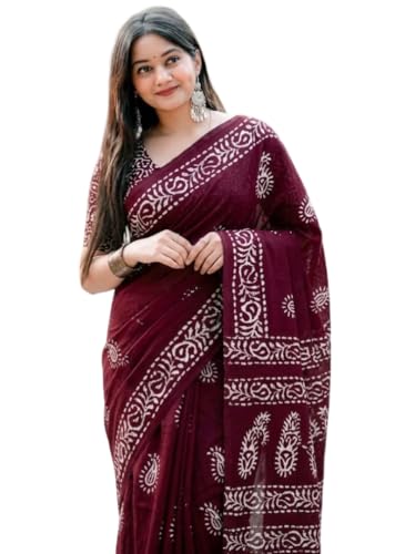 Image of Women's Pure Cotton Printed Saree with Traditional Batik Inspired Border Design, Soft Lightweight Daily Wear Saree with Unstitched Blouse Piece for Festive, Casual and Office Wear