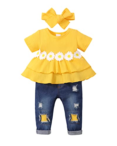 Image of XUANHAO Infant Toddler Baby Girl Clothes Denim Jeans Outfits 2PCS Ruffle Floral Top + Ripped Denim Girls Pants Set 6M-4T