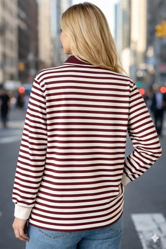 Image of Mack Jonney Women's Striped Polo T-Shirt | Full Sleeves | Collared Casual Cotton Tee | Regular Fit Top-M7372