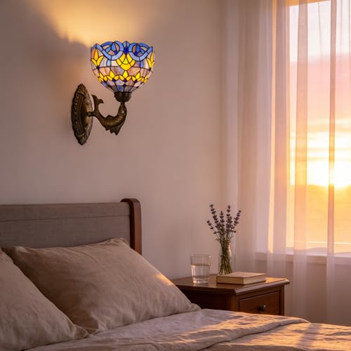Image of Blue Baroque Tiffany Wall Sconce 8 inch Stained Glass Wall Light with E26 Base Vintage Art Deco Wall Lamp for Bedroom Hallway Living Room Home Office