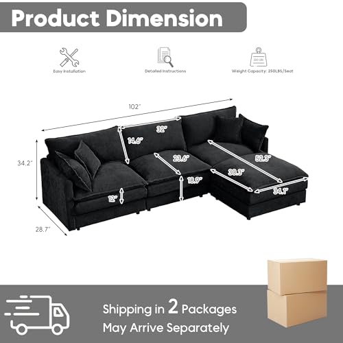 Image of 102 inch L Shaped Modular Sectional Sofa, Comfy Upholstery Chenille Cloud Couch with Ottoman, Modern 4-Seat Deep Seat Sofa with Pillow for Living Room, Bedroom, Apartment (Black)