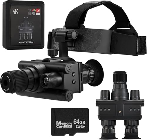 4K Night Vision Goggles with 8X Zoom & Manual Focus - Helmet-Mountable HD Infrared Binoculars for Hunting Camping Surveillance, 64GB SD Card Included, USB-C Rechargeable (12 Hour Battery Life)