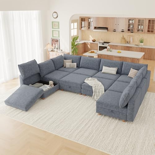 Image of 128 inch Modular Sectional Sleeper Sofa Bed with Storage & Washable Covers, 10-Seater Chenille Modular Sofa Bed with Movable Ottoman Chaise, Convertible Sleeper Sectional Couches for Living Room, Gray