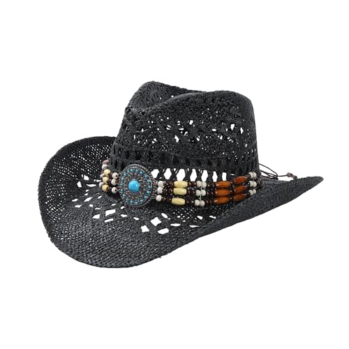 WOOH Cowboy Hats for Women and Men Straw Cowgirl Hat with Wide Brim Shapeable Brim and Adjustable Chin Strap for Rodeo Outfits Festival Travel Black