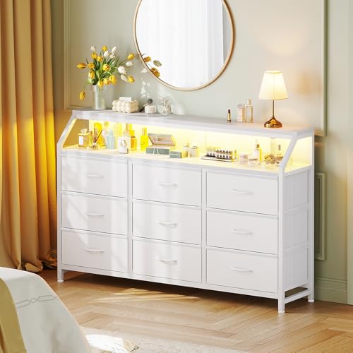 KKL Dresser for Bedroom with LED Lights, 55\" Wide 9 Drawer Bedroom Dresser, Fabric Dressers & Storage Chest of Drawers with Shelves for Closet, White